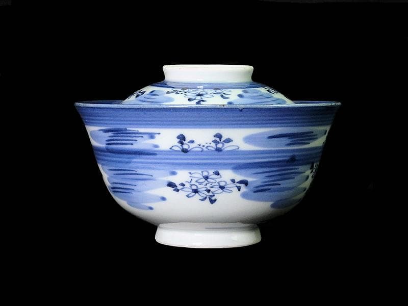 古伊万里　染付　輪線　桜花紋に霞の図　蓋茶碗　E864AS-COh