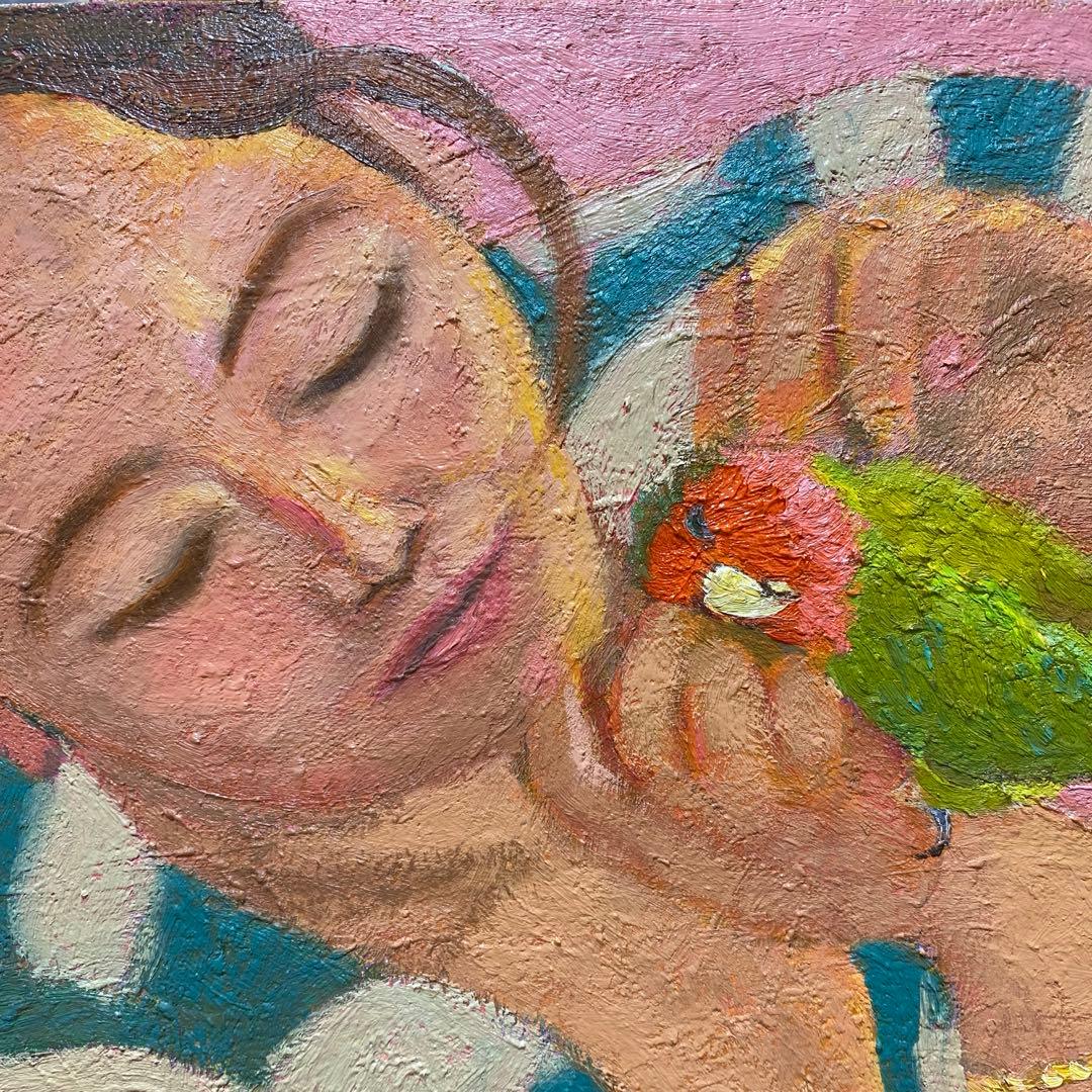 インコと女性 F20 現代アート 油彩画 絵画 人物画