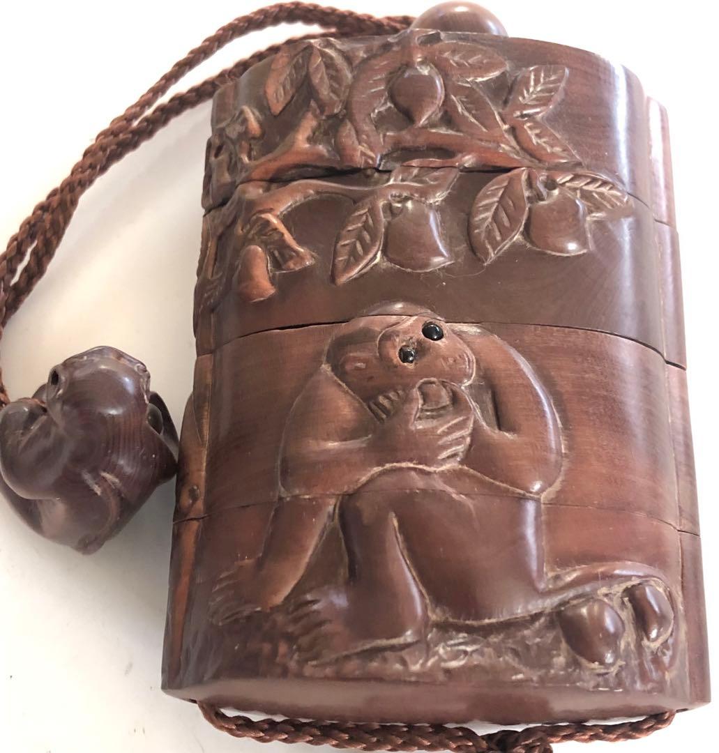 印籠四段インロ手作りオブジェインテリアアンティーク印籠猿の図現品無料発送