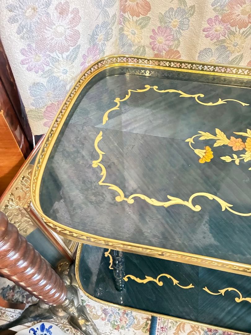 イタリア　象嵌 アンティーク風 サービングカート 黒金