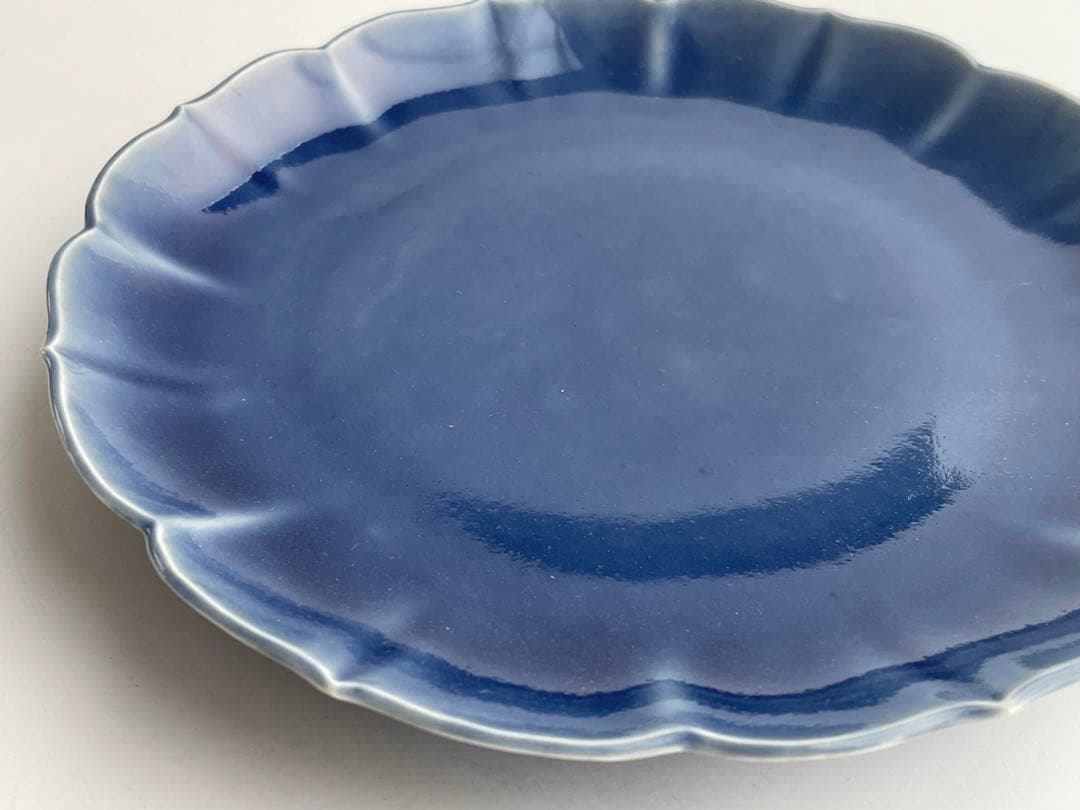骨董　アンティーク　古伊万里　瑠璃　輪花皿　七寸皿　瑠璃釉　輪花縁