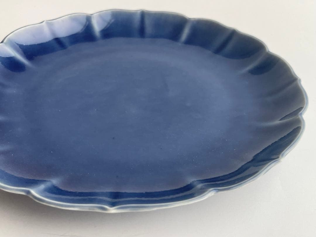 骨董　アンティーク　古伊万里　瑠璃　輪花皿　七寸皿　瑠璃釉　輪花縁