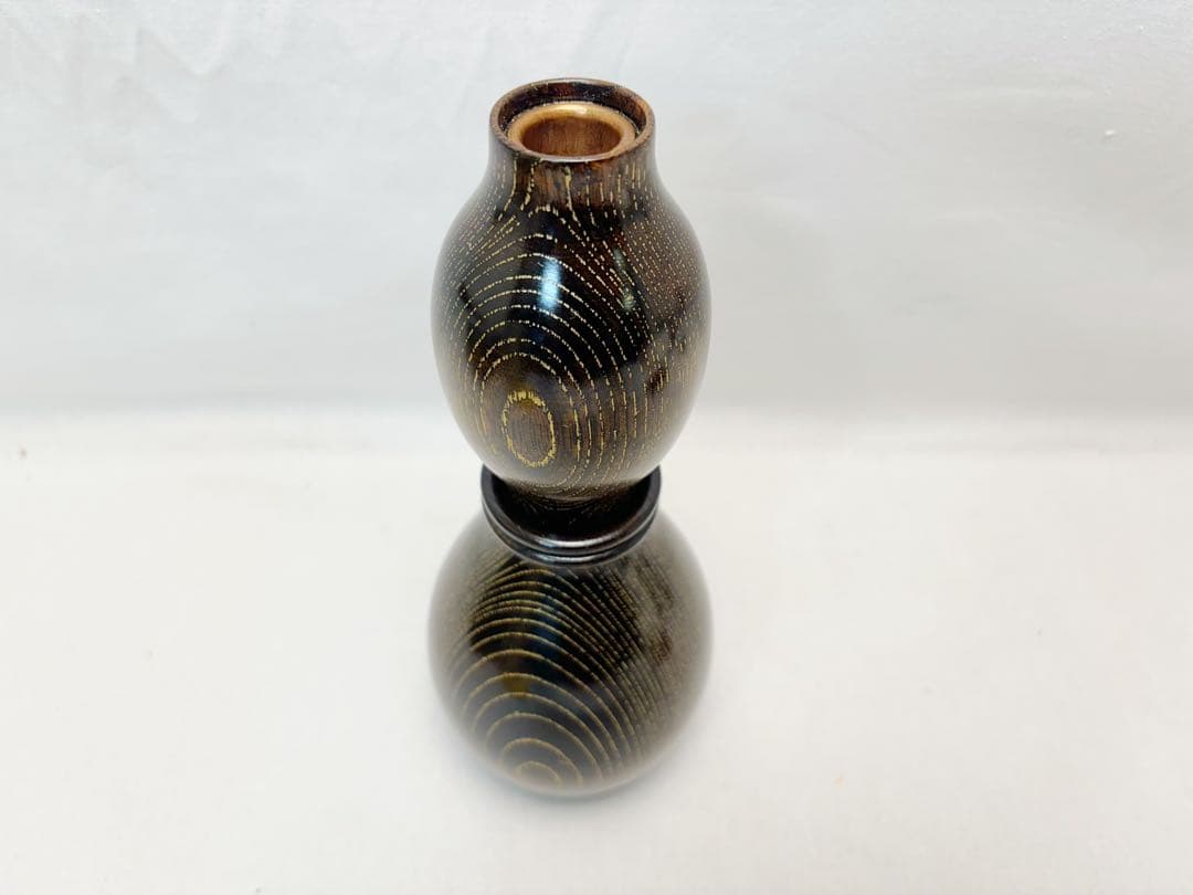 未使用 華道具 福田芳朗作 欅神代塗 沈金 福瓢一輪生 紫檀台付 銅おとし共箱