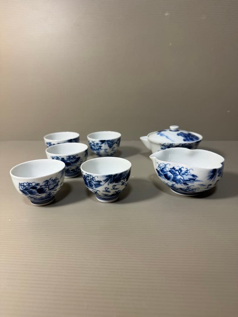 2334 平安草仙　染付青花　茶器セット　宝瓶1客　湯冷し1客　湯呑5客　鉢付き