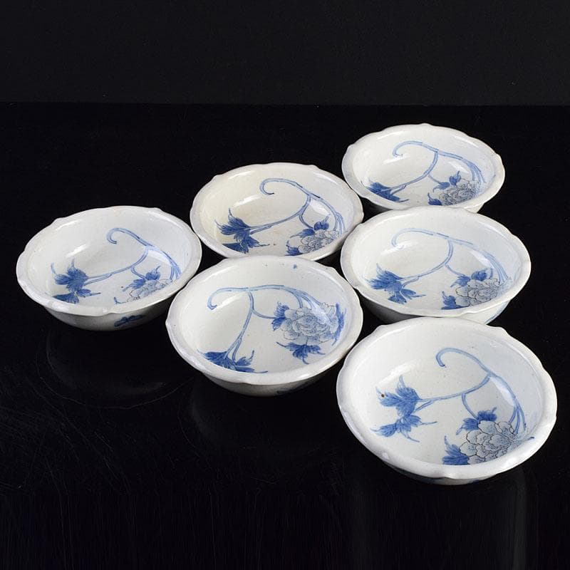 瀬戸焼　古瀬戸　染付　花蝶文　饂飩皿　六客　時代箱付　C　R9353B