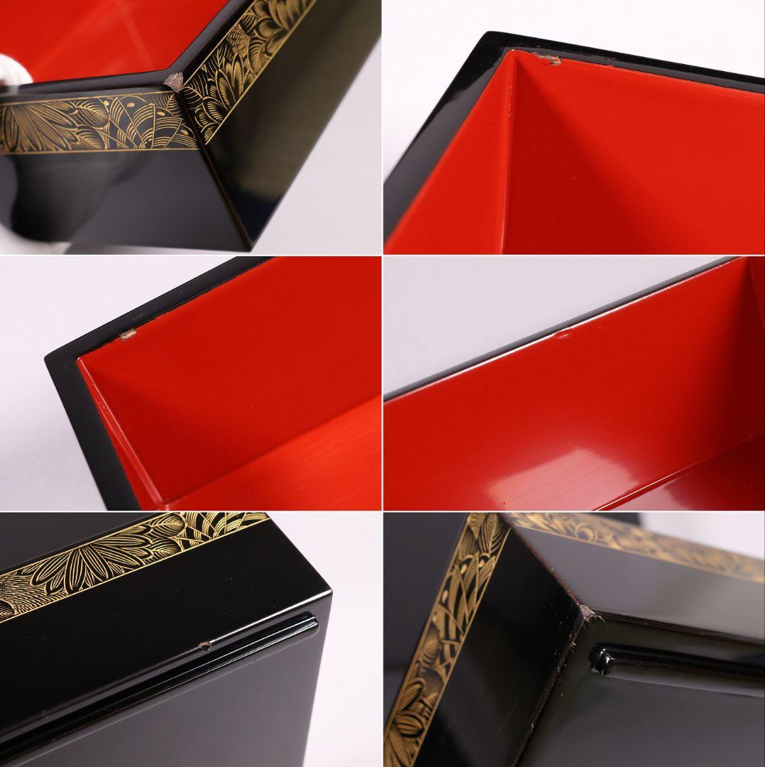 輪島塗 沈金 菊花 五段重箱 蓋2枚 黒塗 内朱塗 木製漆器 漆芸【MB56】