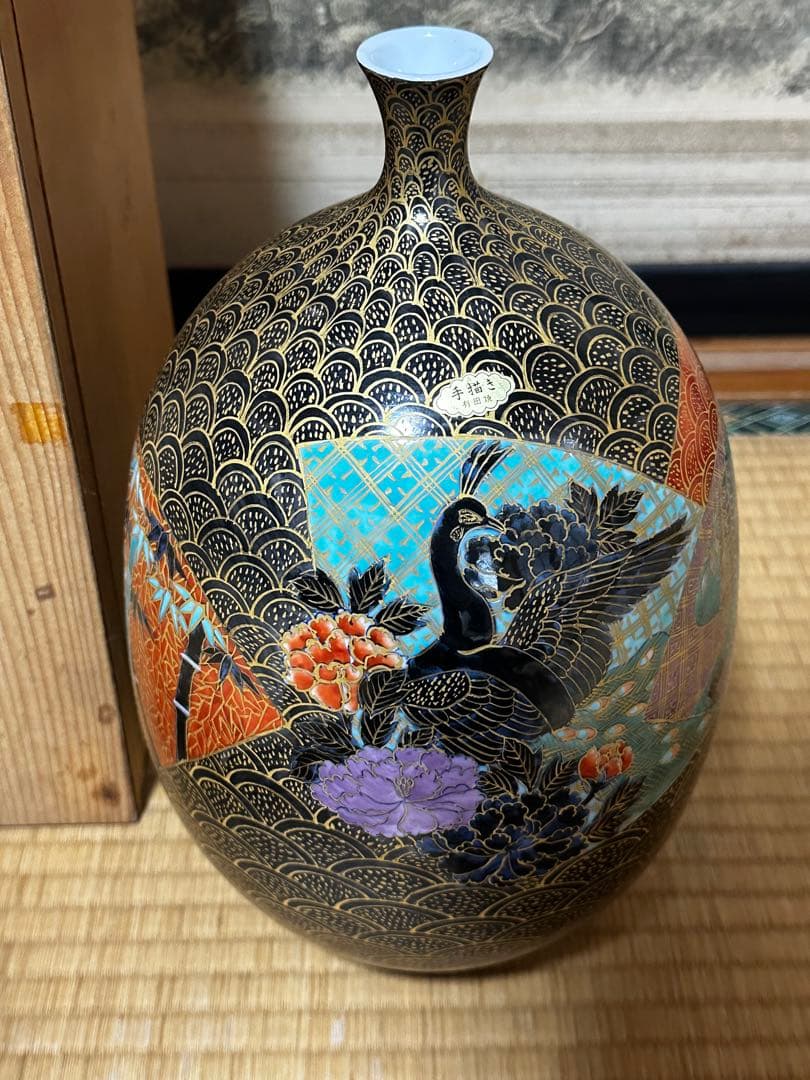 有田焼　手描き鶴模様陶器花瓶　弥左士門