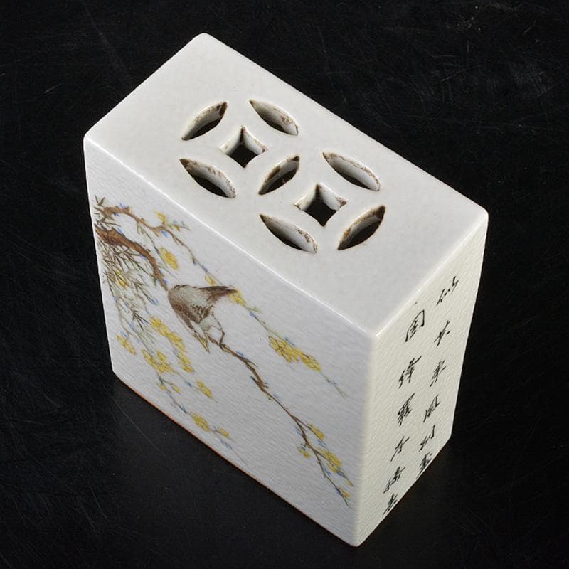 中国　粉彩　漢詩花鳥文　香炉　C　6650