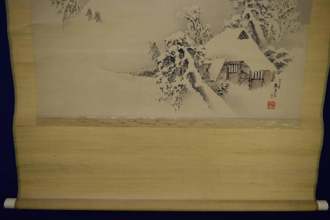 真作/芸州藩士/熊谷直彦/雪景山水人物馬図/大幅/布袋屋掛軸HH-2