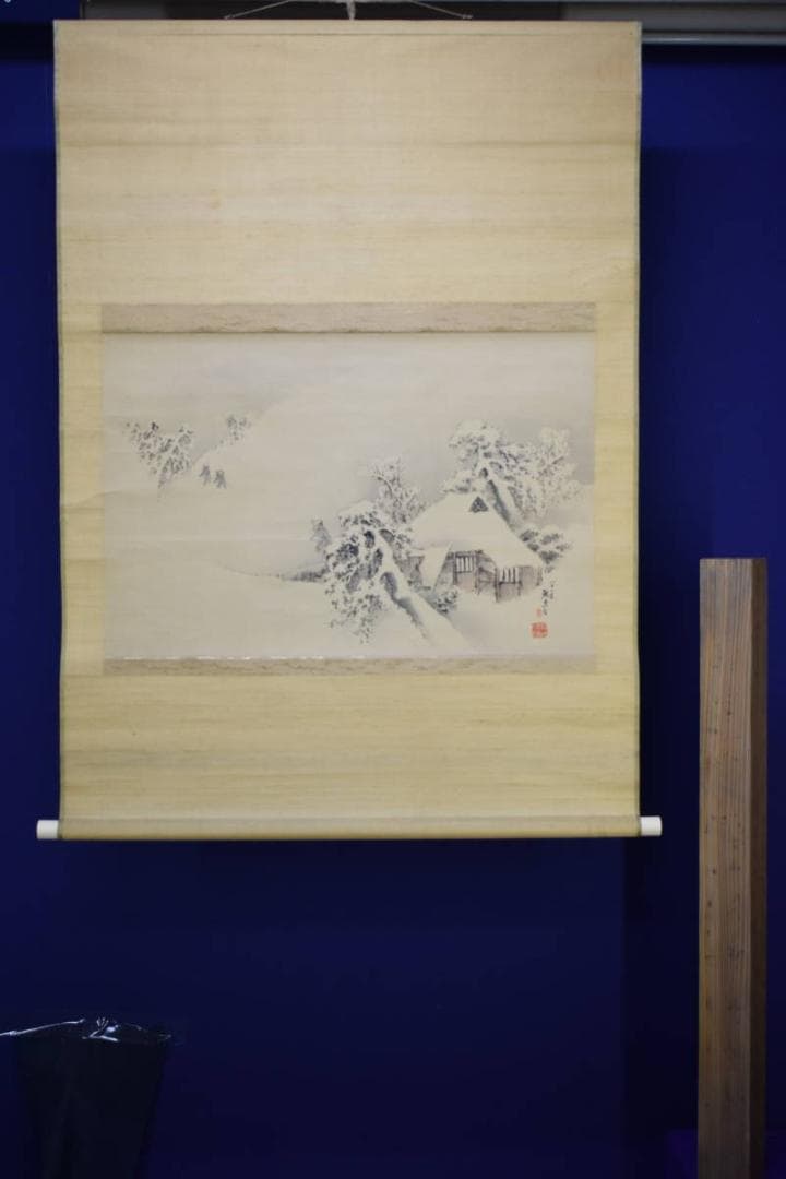 真作/芸州藩士/熊谷直彦/雪景山水人物馬図/大幅/布袋屋掛軸HH-2