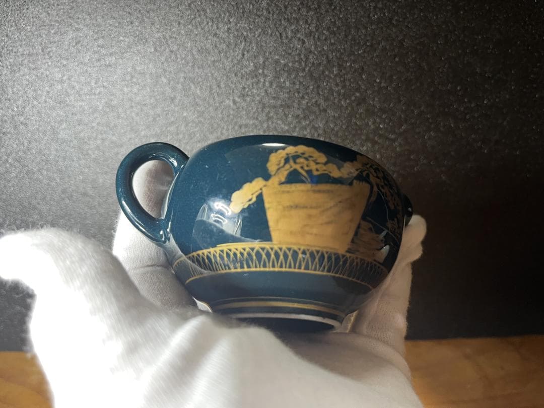 九谷　金彩　紺青　湯冷まし　湯呑　富士山　松　鶴　茶道具　煎茶道具