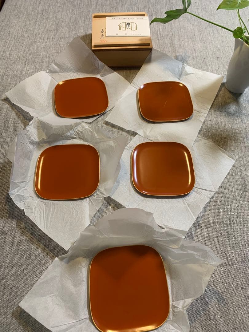 象彦 ZOHIKO 銘々皿 溜塗 金縁 未使用 木箱入 菓子皿 上質ヴィンテージ