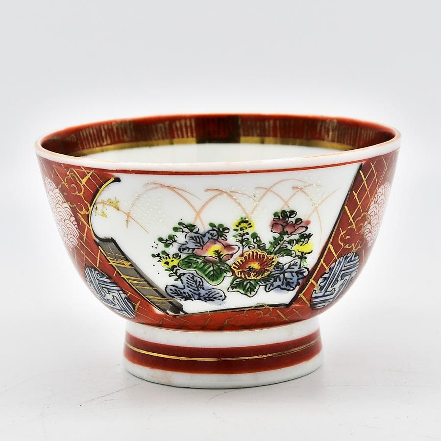 九谷焼 九谷庄三 赤手色絵金彩 賢人 花の図 茶碗 茶道具