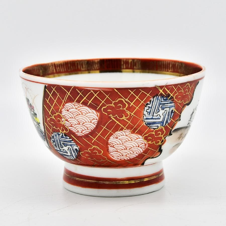 九谷焼 九谷庄三 赤手色絵金彩 賢人 花の図 茶碗 茶道具