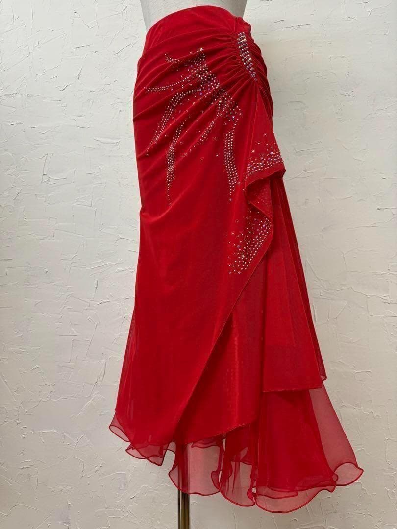 赤　新品　ラインストーン　社交ダンス　フレアーデザインスカートd035