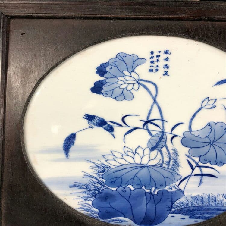 陶磁手描き青花風吹荷笑陶板絵古木枠象眼陶板古典的なインテリアストラップ