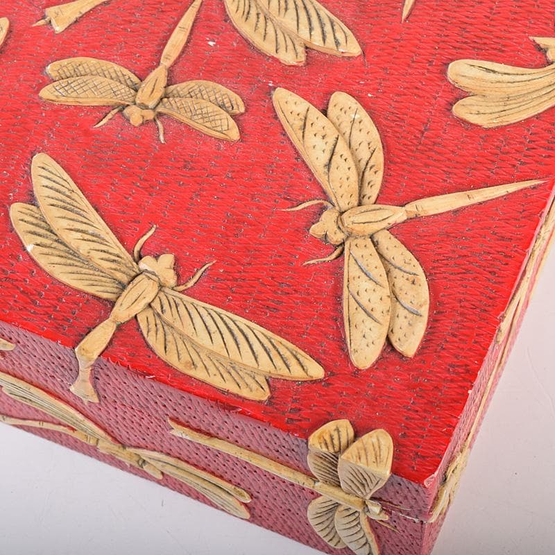 中国　彩色玉石彫刻　蜻蛉彫　四方箱　D　R8492