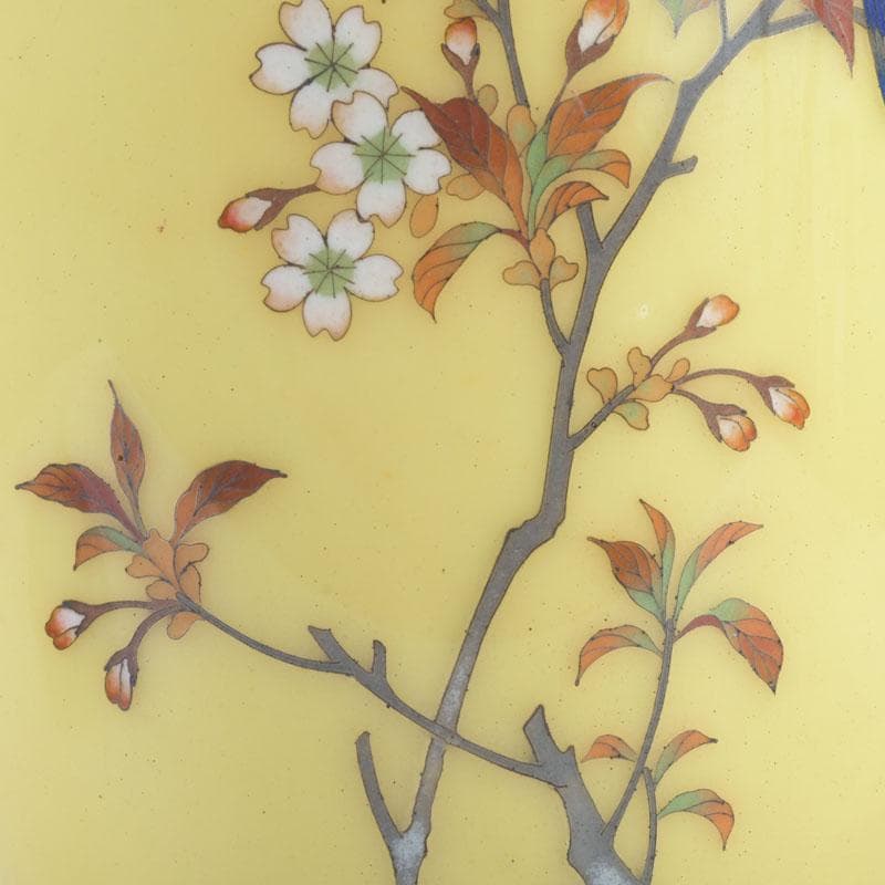 七宝焼　黄釉　花鳥文　花瓶　唐木台・箱付　D　9821