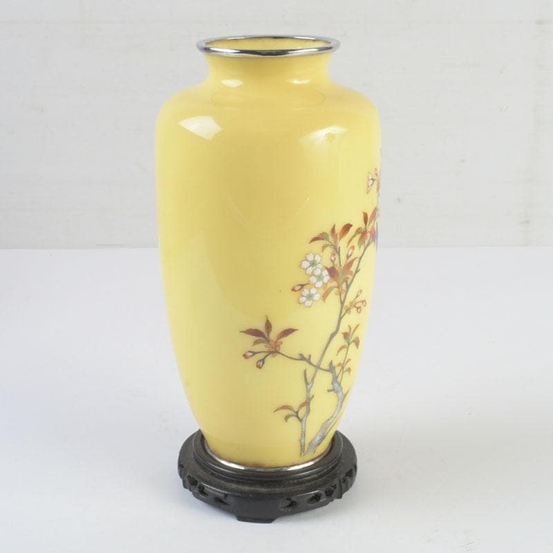 七宝焼　黄釉　花鳥文　花瓶　唐木台・箱付　D　9821