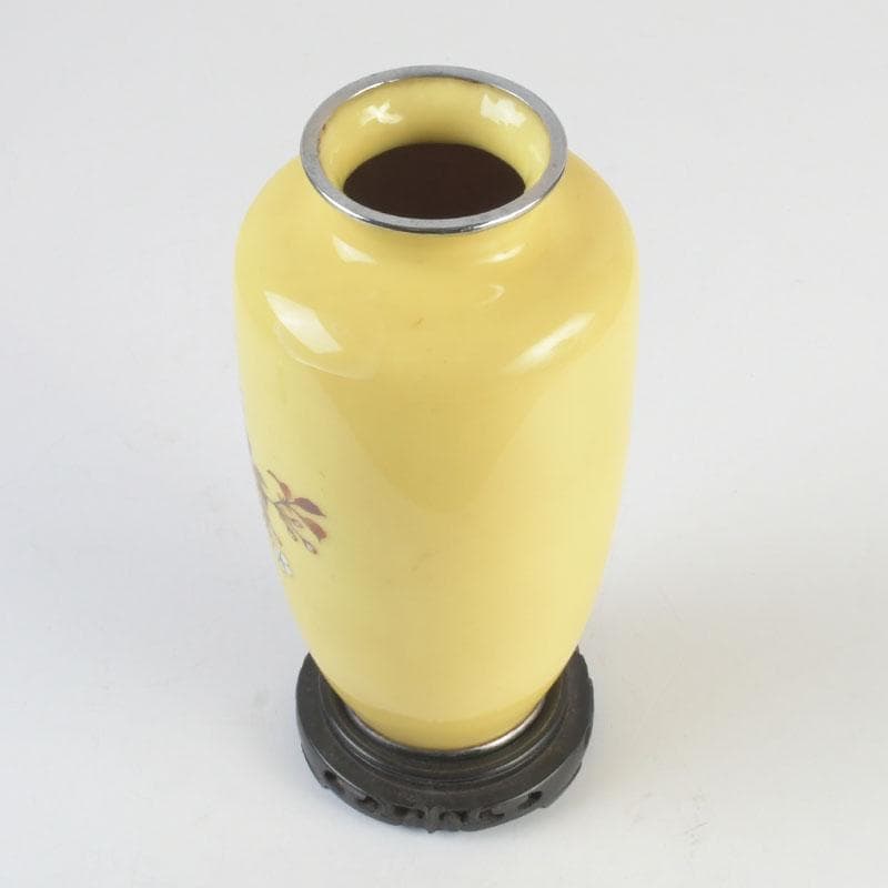 七宝焼　黄釉　花鳥文　花瓶　唐木台・箱付　D　9821