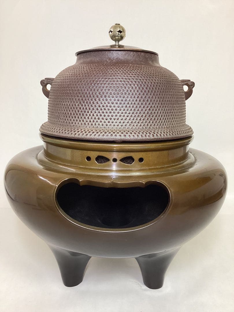 茶道具 古物品 唐銅朝鮮風炉 南鐐つまみ 釜師 高橋敬典 風炉師 金谷浄雲 木箱