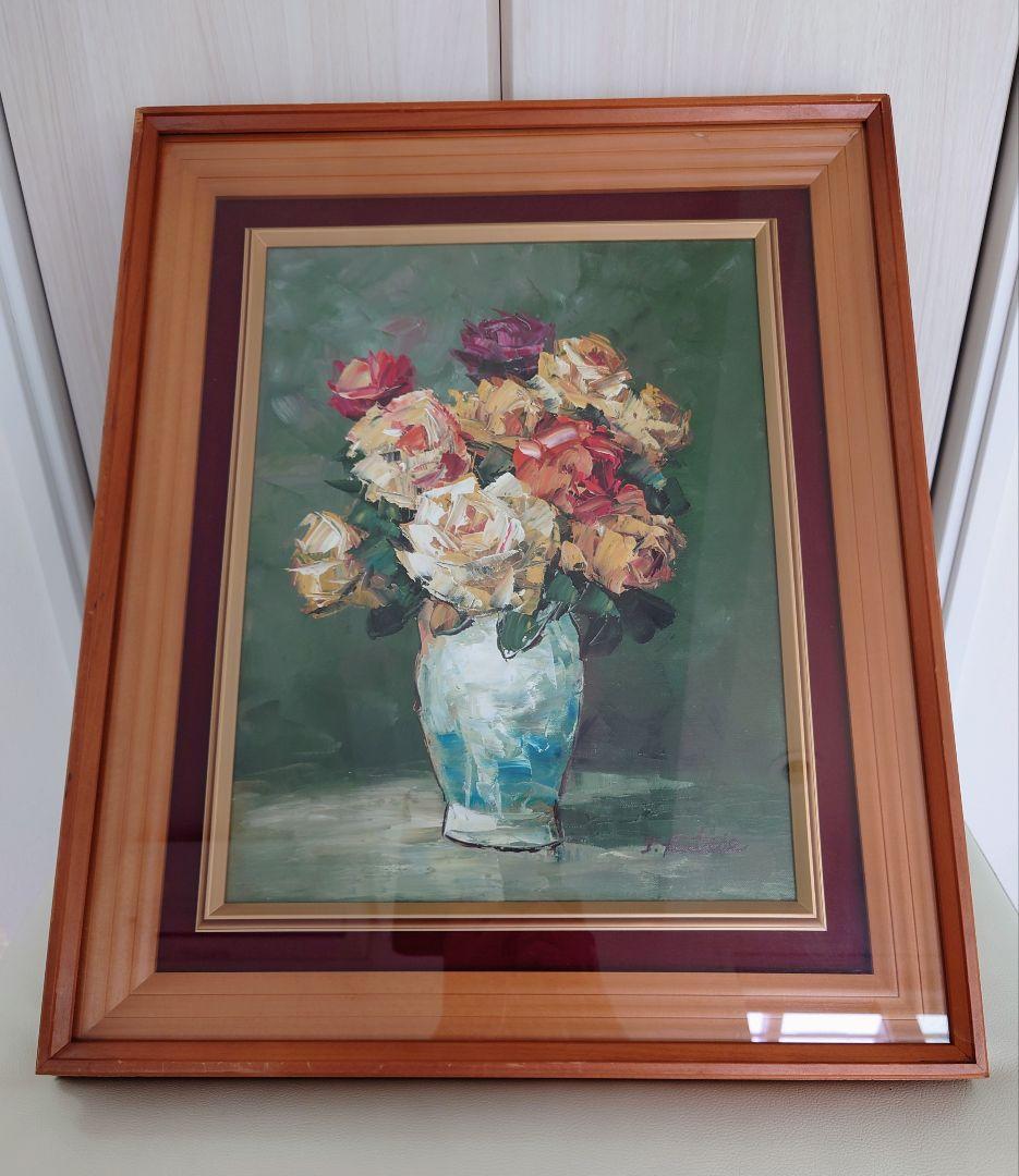 「片瀬剛志」花瓶に入ったバラの油彩画　F6号　真作