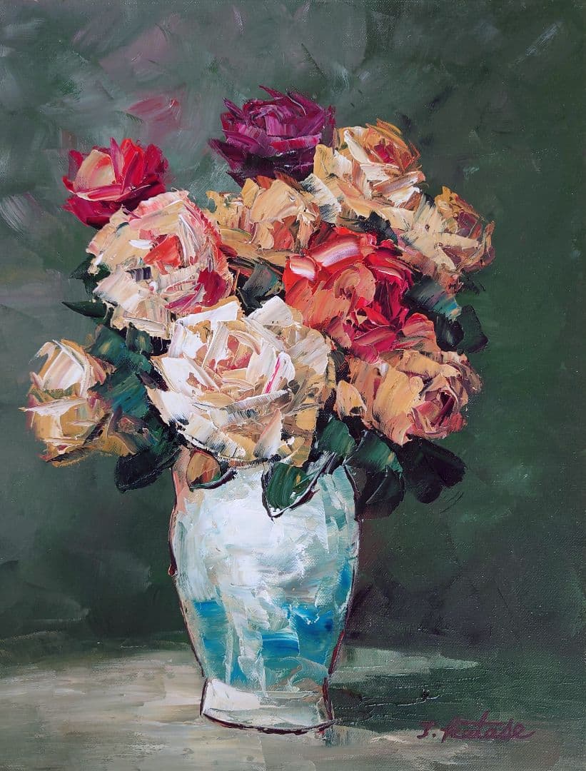 「片瀬剛志」花瓶に入ったバラの油彩画　F6号　真作