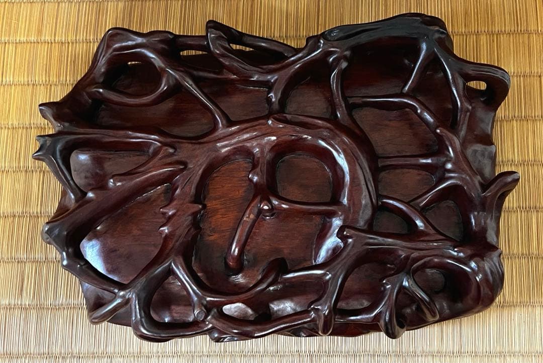 根卓 天然無垢材 透かし根彫り 花台 香台 盆栽台 約3㎏