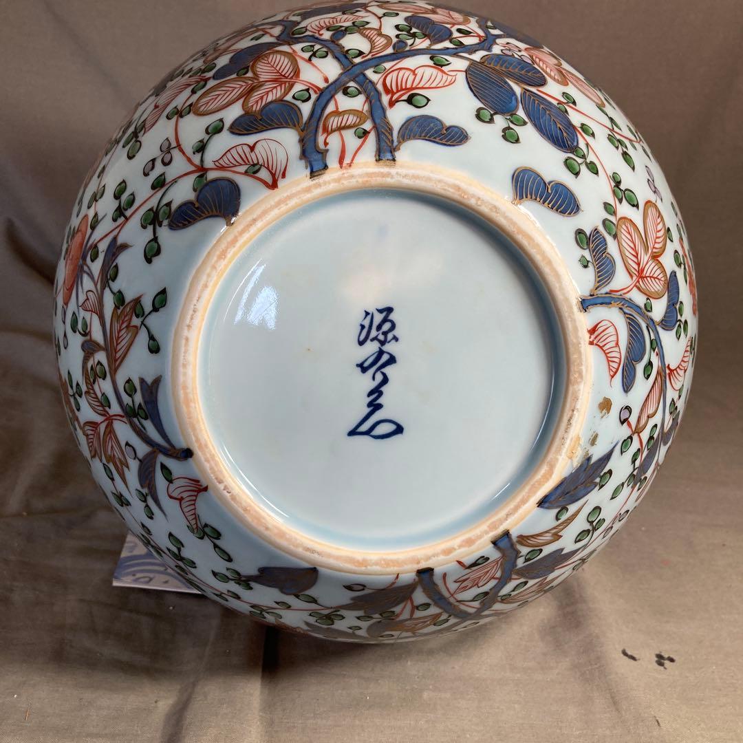 【源右衛門】古伊万里の伝統　日本の名窯　舘林源右衛門作　染錦菊牡丹鳳凰文　大花瓶