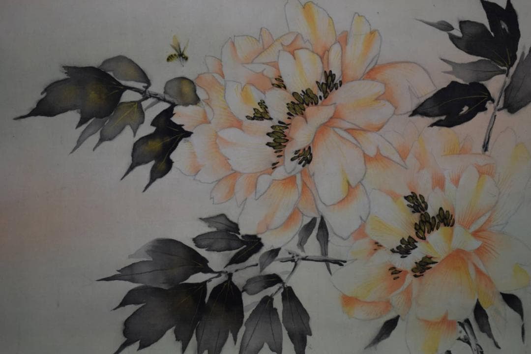 真作/華邨/玉堂富貴図/牡丹図/桐共箱付/布袋屋掛軸HG-450