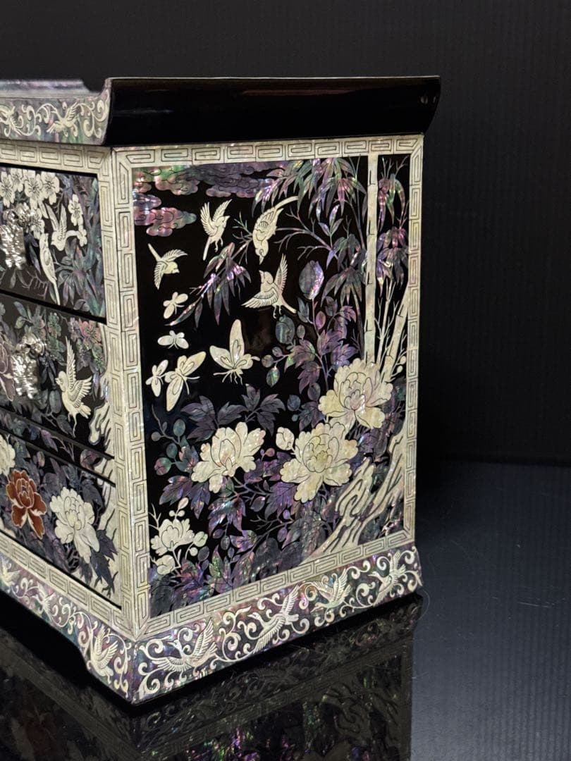 極上 成官鎬印 細密彫刻 螺鈿 華鳥図 宝石箱 小箱 ジュエリーボックス