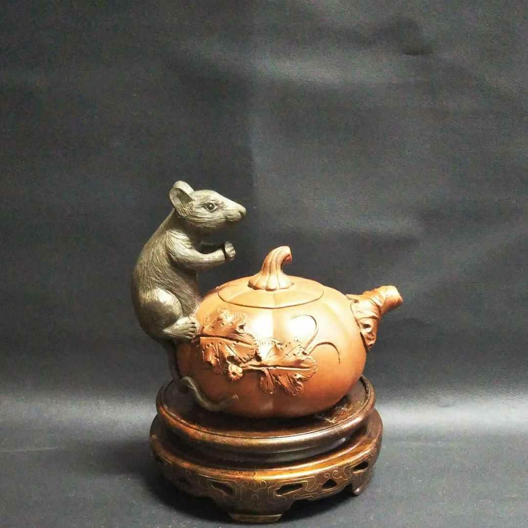 ※中国古美術/朱泥南瓜鼠紋茶壺/(底款有り)