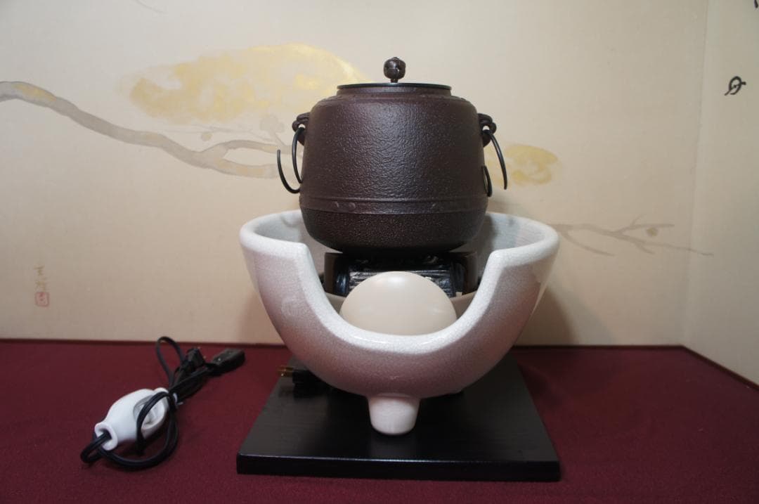 ☆ 野々田 さつま風炉(紅鉢型)電熱器 在銘 萬代屋小釜 釜鐶他フルセット送料込