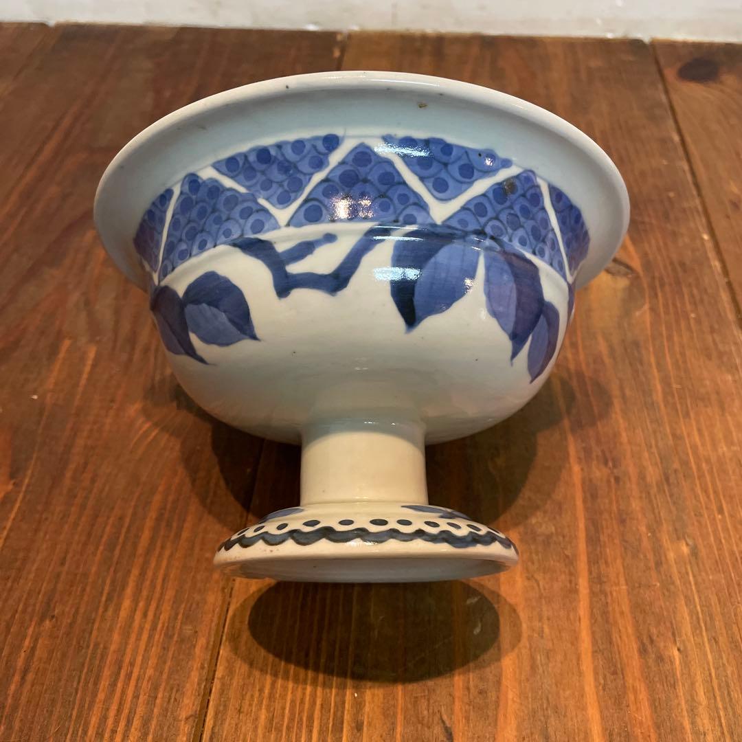 美品　古伊万里　染付の器　江戸時代　肥前　磁器　高杯　金継ぎ　染付の絵柄が上品な