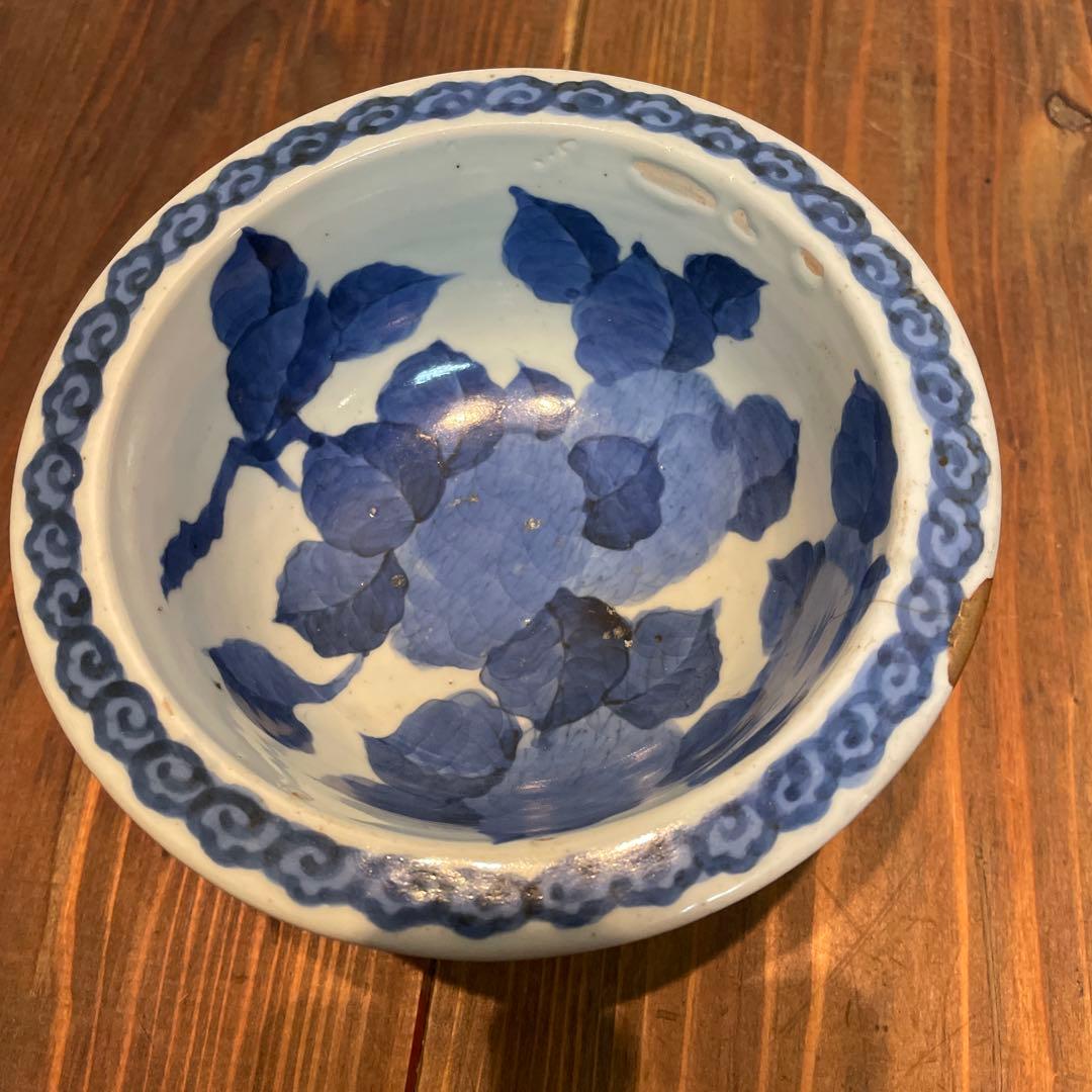 美品　古伊万里　染付の器　江戸時代　肥前　磁器　高杯　金継ぎ　染付の絵柄が上品な