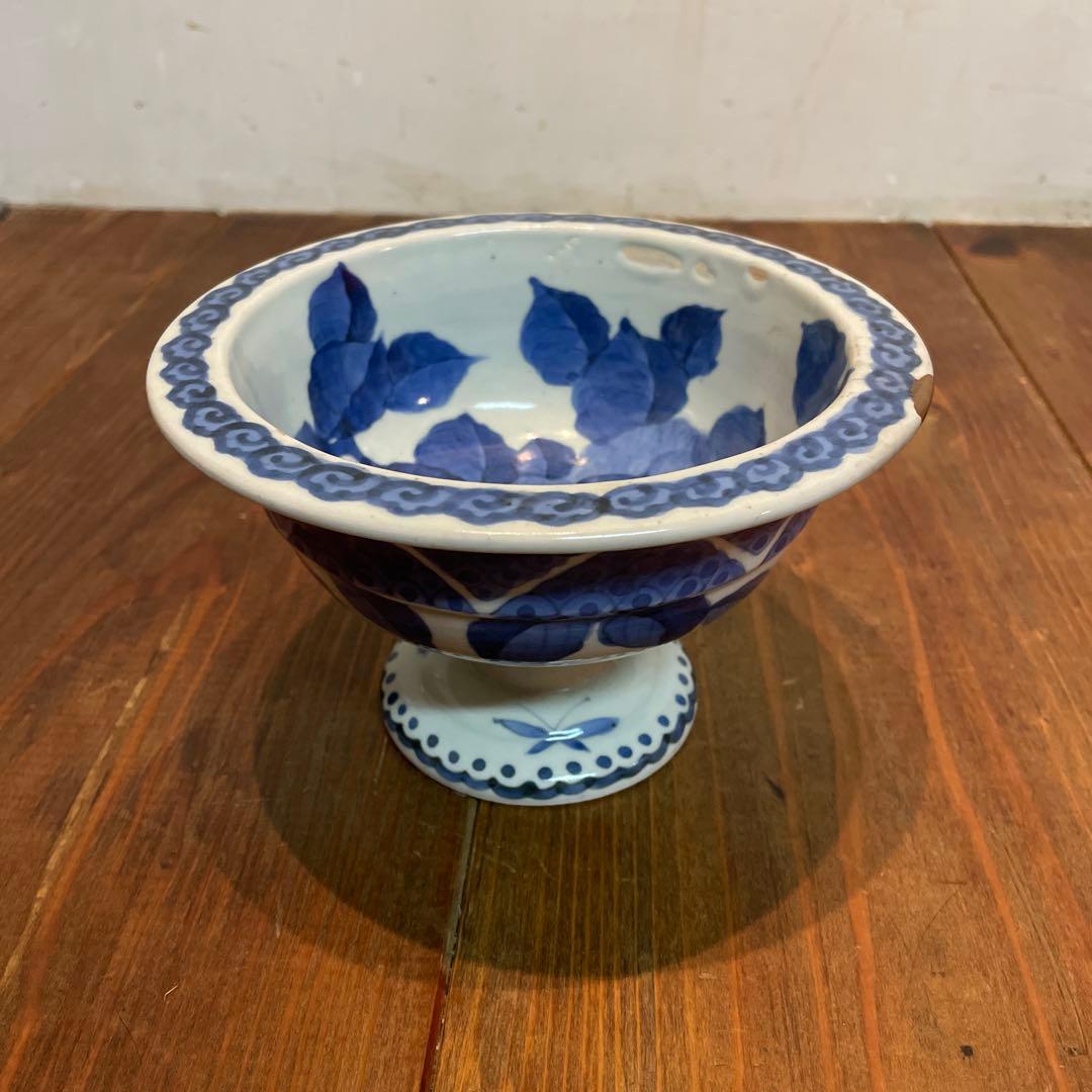 美品　古伊万里　染付の器　江戸時代　肥前　磁器　高杯　金継ぎ　染付の絵柄が上品な