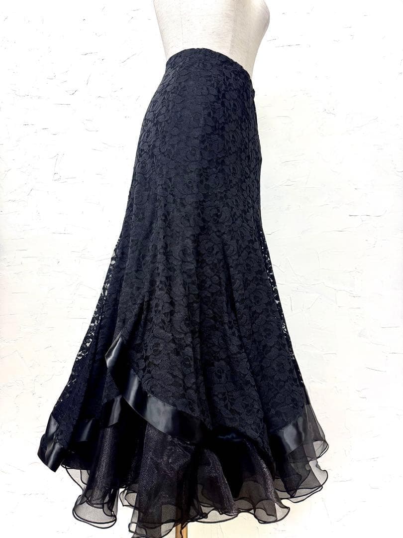 【薔薇レース】新品 社交ダンス用裾サテンテープ 黒ロングフレアスカートb502
