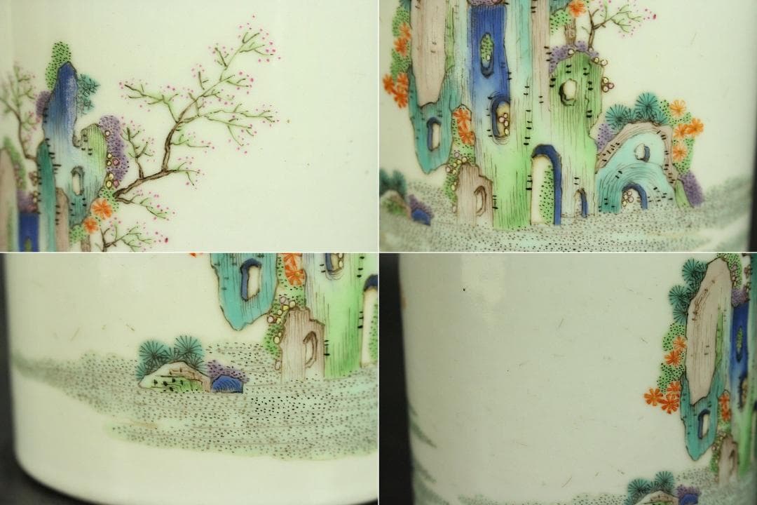 中国美術 粉彩 色絵 人物蝙蝠紋 筆筒 文房四宝 高12.5cm(KY01)