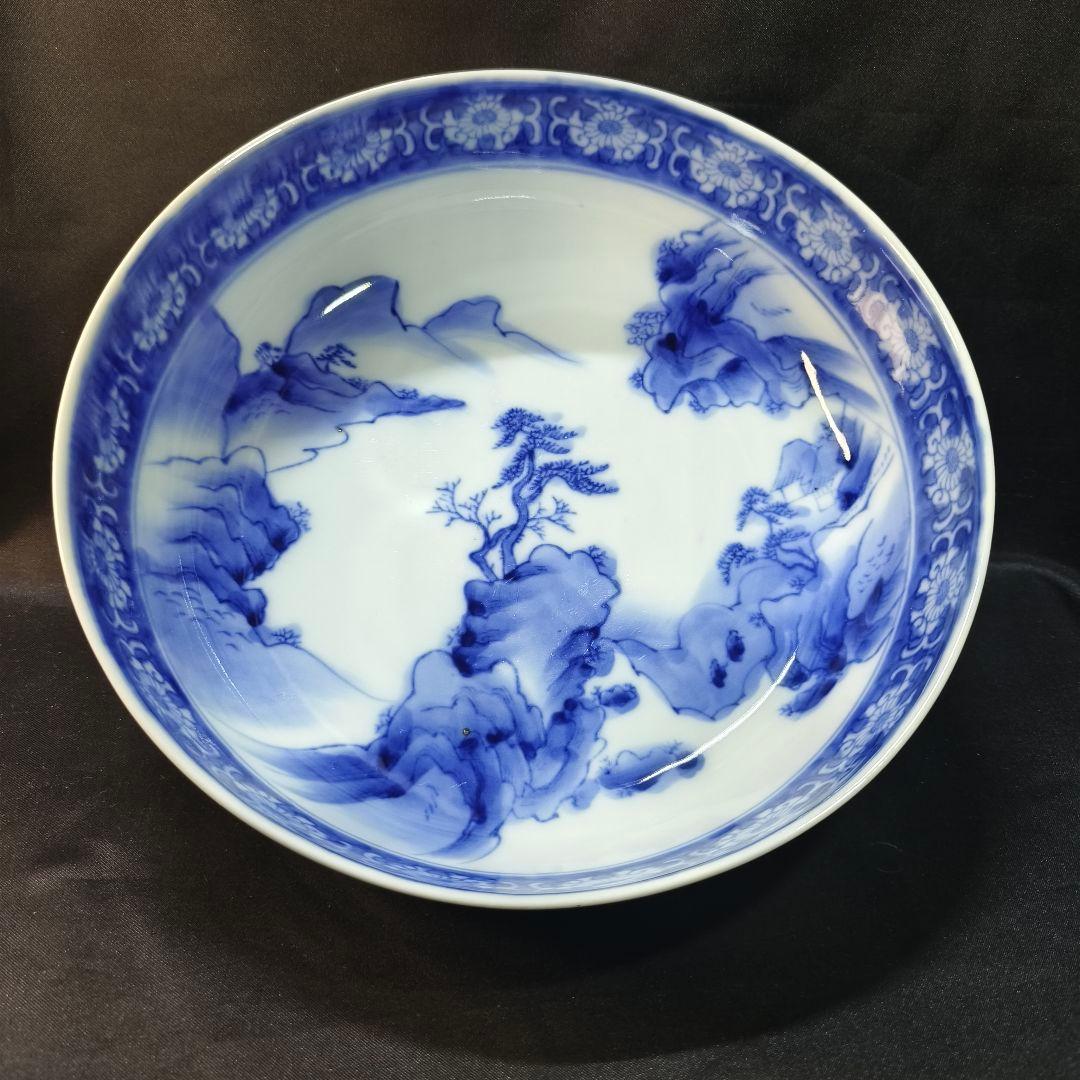 古伊万里 染付三つ鉢 山水風景文 手描き 明治骨董 古美術品 蒐集家放出美品