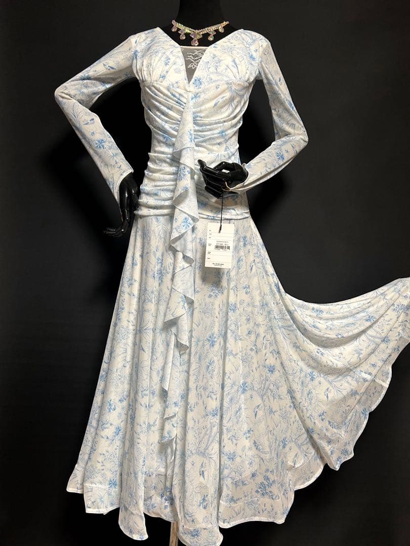 社交ダンス★ジャンティドレス★ホワイト&ライトブルー花柄★サイズL★新品未使用品