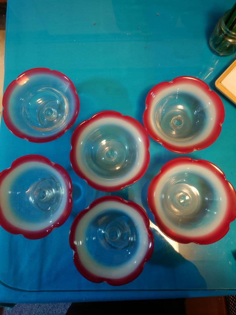 氷コップ 乳白色 吹きガラス 大正ロマン レトロ 赤 6個セット