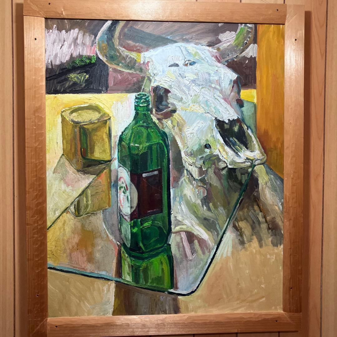 油彩静物画　牛頭骸骨とラム酒瓶　光と鏡像