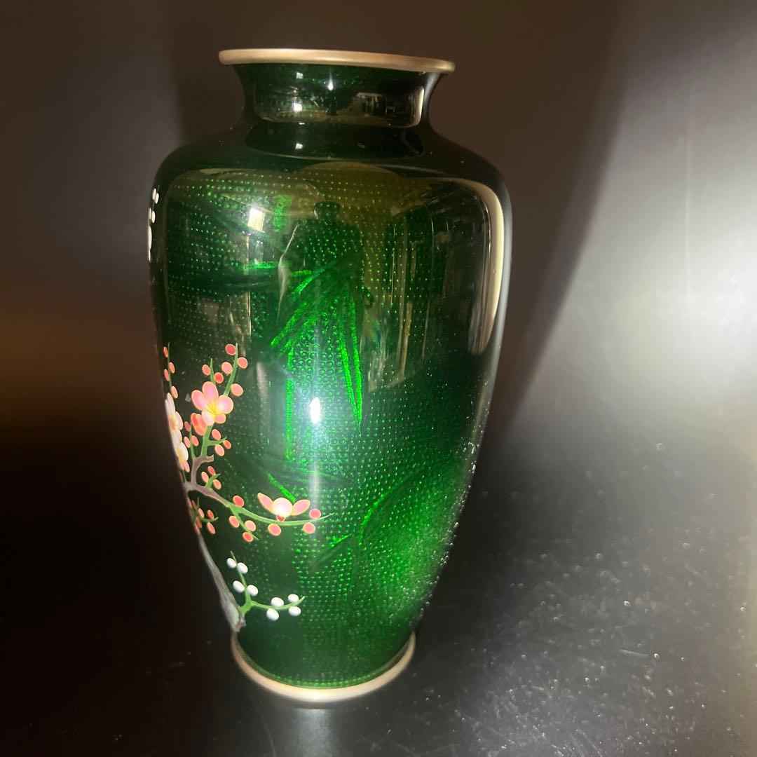 安藤七宝焼　梅菊竹　珍しい深緑系　花入れ　花瓶　華道　刻印有　極上工芸　金属工芸