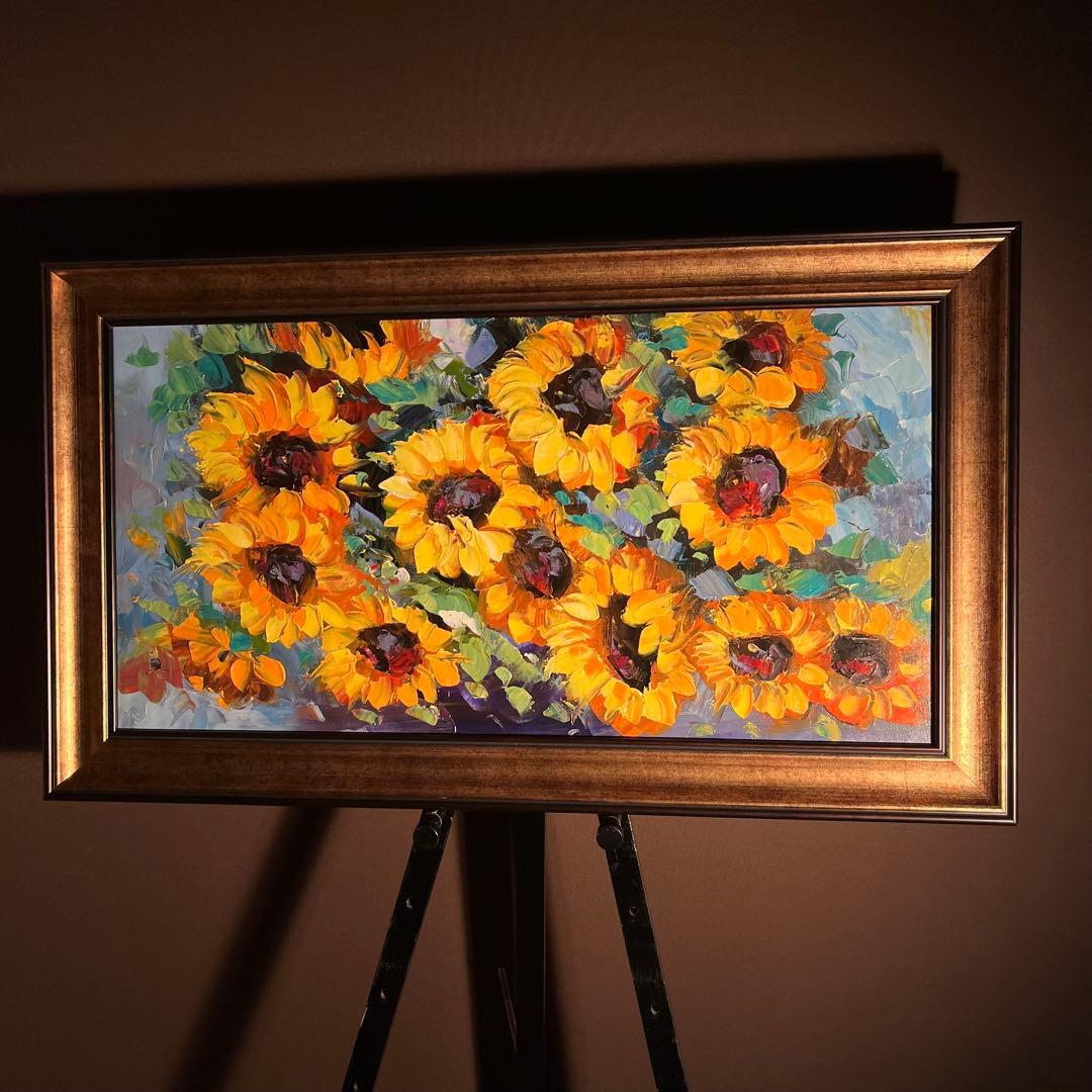 手書き油絵 ひまわり 額付 肉筆絵画 インテリア 油彩画