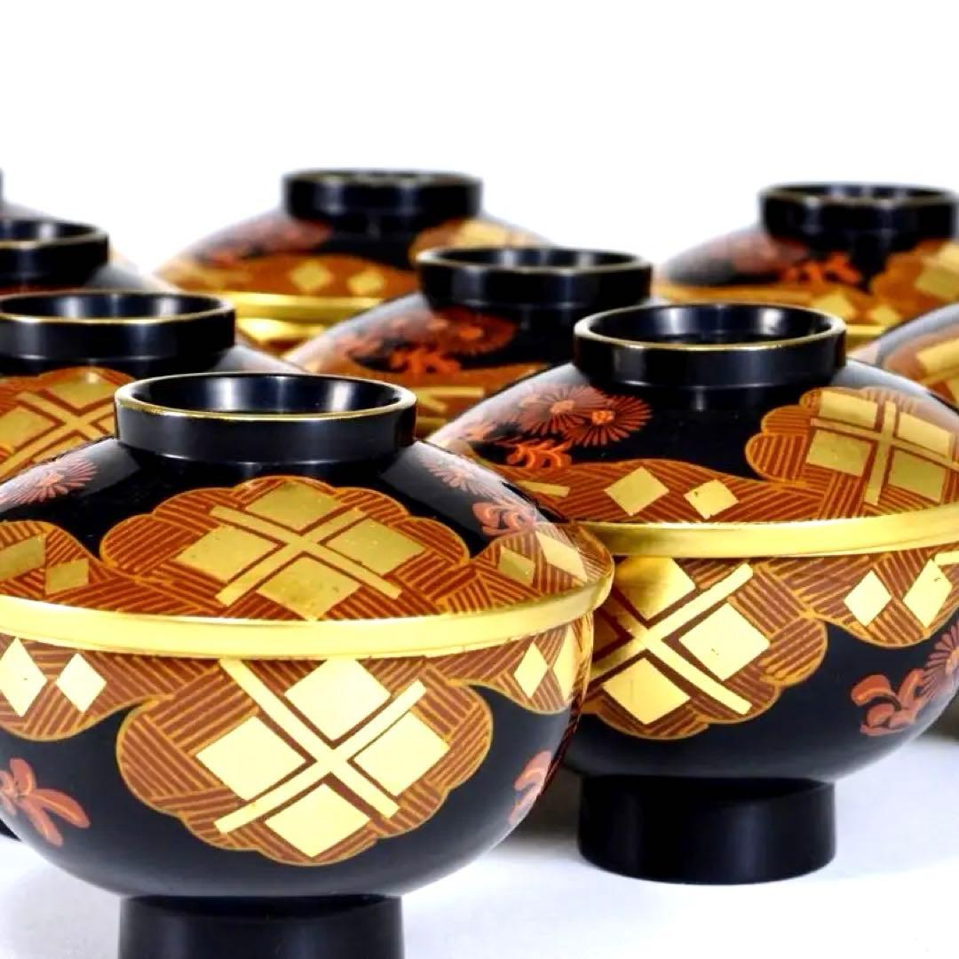南部漆器 老舗光原社 秀衡塗 木製 金箔色漆　菱に梅文様　蓋碗十客　茶道具