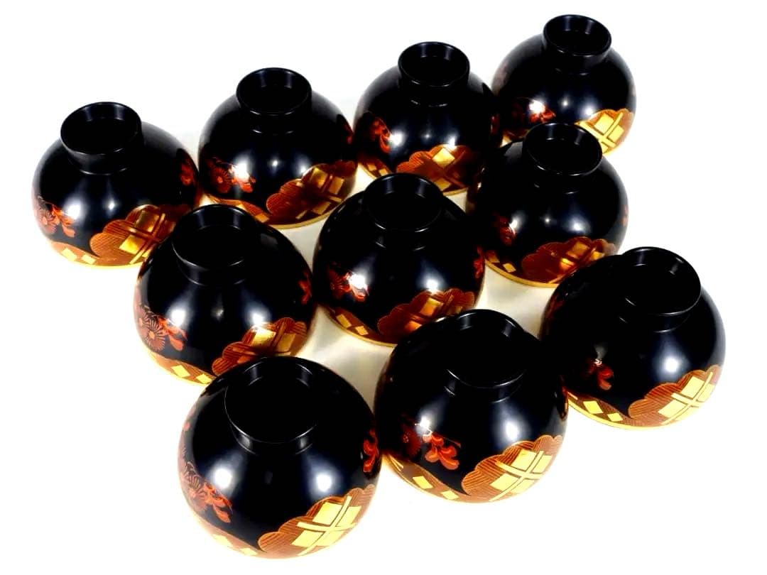 南部漆器 老舗光原社 秀衡塗 木製 金箔色漆　菱に梅文様　蓋碗十客　茶道具