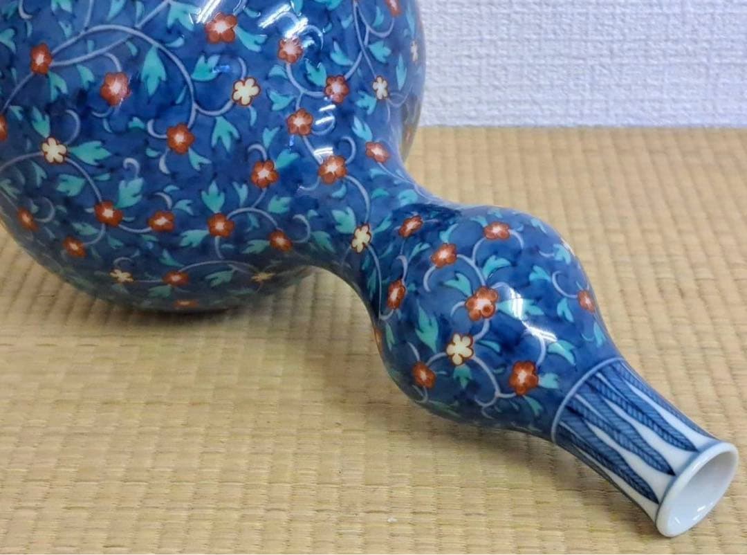 人間国宝 十三代 今泉今右衛門 本人作 色鍋島更紗文瓢瓶 共箱 真作保証