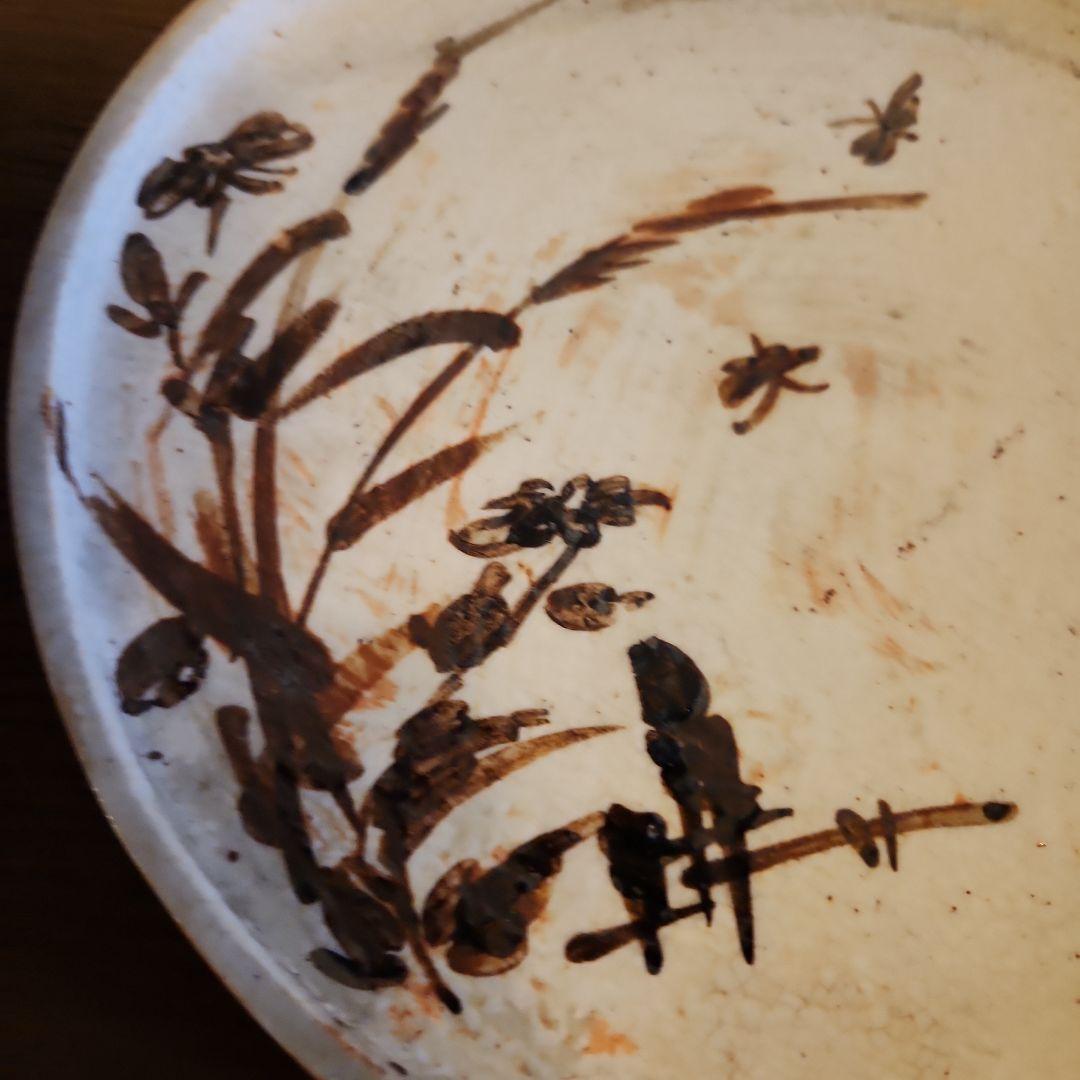 慶應　江戸後期　絵瀬戸　鉄絵　石皿 秋草行灯皿　油皿