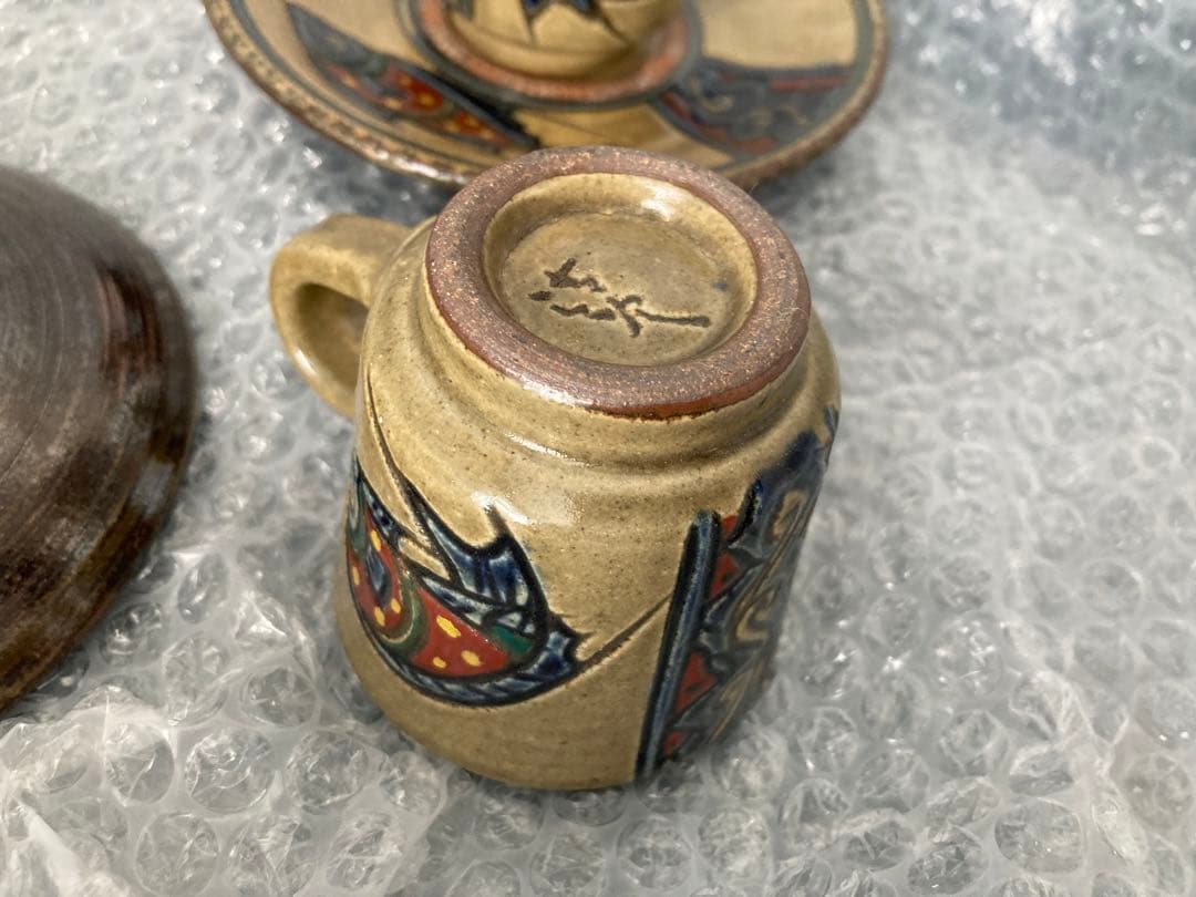 やちむん　希少　魚紋清次カップ&ソーサー