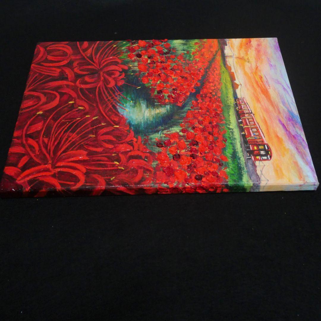 油絵 油彩 油彩画 絵 絵画【彼岸花と赤い電車】